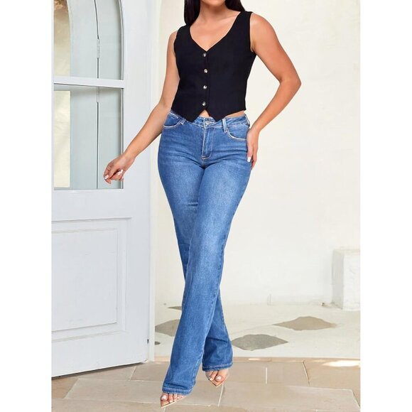 Women's Wide Leg Jeans Stretchy Denim Casual Mid Rise Straight Leg Pants - Picture 4 of 7